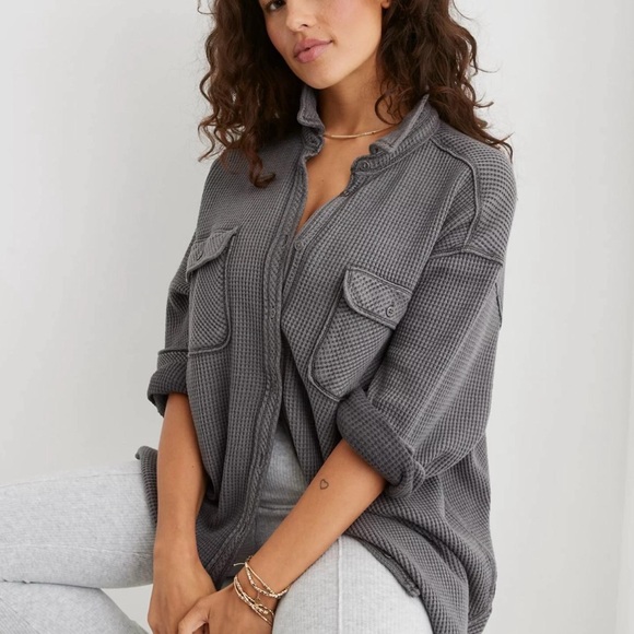 aerie Jackets & Blazers - Aerie Women’s LumberJane Waffleknit Shirt Size XL Gray